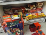 SHELF LOT OF ASSORTED HOLIDAY ITEMS TO INCLUDE: ROLLS OF RIBBON, GIFT BAGS, GIFT BOXES, GIFT TAGS,