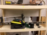 SHELF LOT OF ASSORTED ITEMS TO INCLUDE NEW IN CARRYING CASE RYOBI 5 1/2 in CORNER CAT COMPACT FINISH