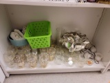 SHELF LOT OF MISC. TO INCLUDE 6 MCM GOLD TRIMMED GLASSES, STEMWARE GLASSES, FRUIT DECORATED ESPRESSO