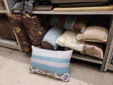 SHELF LOT TO INCLUDE 8 VARIOUS SIZED DESIGNER ACCENT PILLOWS.