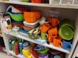 SHELF LOT TO INCLUDE 45 PIECES OF ROYAL NORFOLK MULTI COLORED KITCHEN DISHES, FARBERWARE CLASSIC 6