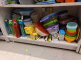 SHELF LOT TO INCLUDE VARIOUS WATER BOTTLES, PLASTIC STORAGE CONTAINERS, GLAD PRESS N SEAL WRAP,