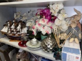SHELF LOT OF ASSORTED OF ITEMS TO INCLUDE FAUX FLORAL DECOR FOR TABLE OR MANTEL, CHROME STYLE GLASS