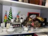 SHELF LOT OF ASSORTED OF ITEMS TO INCLUDE CHRISTMAS DECOR FOR TABLE OR MANTLE, DOOR WREATH, SEASONS