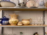 SHELF LOT OF ASSORTED OF ITEMS TO INCLUDE, SET OF LONG STEM DRINK GLASSES, SET OF THREE POTTERY WITH