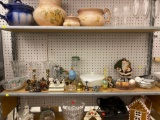 SHELF LOT OF ASSORTED OF ITEMS TO INCLUDE BRASS STYLE HAND BELLS, CHRISTMAS FIGURES, SET OF CERAMIC