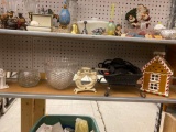 SHELF LOT OF ASSORTED OF ITEMS TO INCLUDE CERAMIC GINGERBREAD HOUSE FOR CHRISTMAS, CERAMIC CHURCH