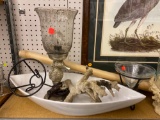 SHELF LOT OF ASSORTED OF ITEMS TO INCLUDE WOODEN FRAMED PRINT OF A NIGHT HERON SIGNED BY ARTIST