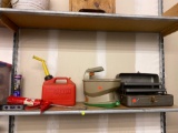 SHELF LOT OF ASSORTED ITEMS TO INCLUDE, 1 1/4 GALLON GASOLINE JUG, TUBE OF LOCTITE NEW, CAULKING