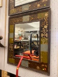 WOODEN FRAMED WALL HANGING BEVELED MIRROR WITH A FLORAL STYLE DESIGN PAINTED ON THE BORDER OF MIRROR