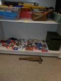 SHELF LOT OF MISC ITEMS, MILTON AIR TOOLS, SAFETY BLOWGUN, 3 BALTIMORE BRASS DOOR HINGES, EMPTY AMMO