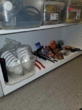 SHELF LOT OF MISC ITEMS, LARGE SSS65 65W 910MA 120V 60HZ BULBS FULL SPECTRUM, LINEMAN PLIERS,