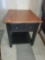 OAK TOP 1 DRAWER SIDE TABLE WITH BOTTOM STORAGE SHELF, IN GOOD USED CONDITION, BLACK BASE, 20