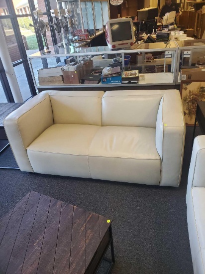 ABBYSON BRADY LEATHER LOVESEAT, SKU: RX-6753-IVY-2, MSRP PRICE$1,999.00 OVERALL DIMENSIONS 71 W X