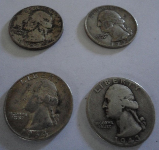 LOT OF 4 SILVER QUARTERS ? 1943, 1957, 1957, 1964 ALL ITEMS ARE SOLD AS IS, WHERE IS, WITH NO
