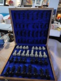 MARBLE CHESS SET IN CASE? BLACK BISHOP HAS DAMAGE ON TOP ALL ITEMS ARE SOLD AS IS, WHERE IS, WITH NO