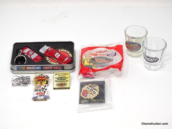 Dale Earnhardt Jr Lighter, 2 Shot Glasses, Several Pins, Toy Car