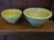 2 PC. VINTAGE YELLOW POTTERY MIXING BOWLS. ONE IS A BEEHIVE STYLE BOWL MARKED WITH A SHIELD & THE