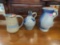 3 PC. POTTERY LOT TO INCLUDE A GREY 1-1/2 LITER COBALT BLUE DETAILED HANDLED PITCHER 9-1/2