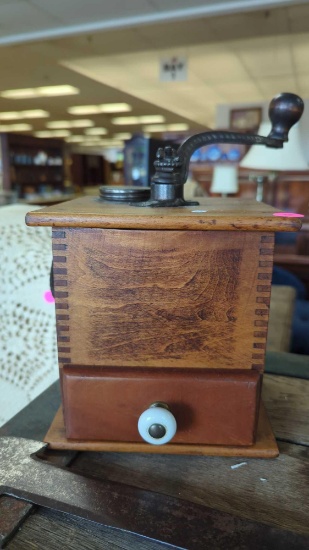 ANTIQUE WOODEN COFFEE GRINDER. MEASURES APPROX 6.5" x 6.5" x 6.75"