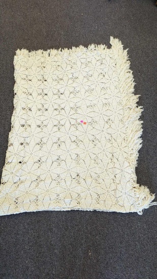 WHITE HAND CROCHETED THROW BLANKET APPROXIMATELY 8 FOOT LONG