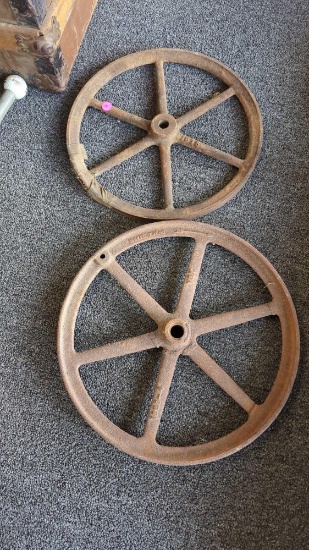 LOT OF 2 EARLY STYLE CAST IRON WHEELS THEY DIFFERENT, BOTH HAVE RUSTING ON THEM, MEASURES