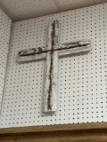 WOODEN CRUCIFIX DECOR PIECE WITH BARBED WIRE; MEASURES 24 x 18 in