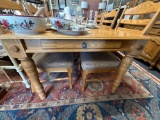 OAK DINING WITH LEAF AND 2 STORAGE DRAWERS AND 6 DINING CHAIRS; MEASURES 77.5 x 41.5 x 30