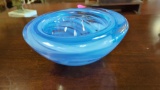 KOSTA BOTA GLASS BLOWN BOWL, CLEAR GLASS WITH SWIRLS OF BLUE, 6 3/4