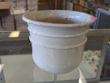 WHITE GLAZED POTTERY PLANTER WITH DOUBLE RAISED LINE DETAILING. MARKED ON THE BOTTOM (SEE PICS). IT