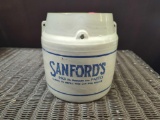 SANFORD'S INKS TAN GLAZED ADVERTISEMENT CROCK WITH BLUE WRITING AND DETAILS. IT MEASURES APPROX.