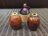 3 PC. LOT TO INCLUDE A PAIR OF BROWN SLIP GLAZED SALT/PEPPER CANNISTERS (NEED LIDS) 4