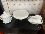 LOT OF 3 MILK GLASS PIECES TO INCLUDE A SWAN ON A LACE NEST, CAKE PLATTER, AND A COOKIE JAR