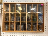 KNICK KNACK SHELF CONTAINS 21 CUBBIES AND SHOT GLASSES; MEASURES 21 x 3 x 15