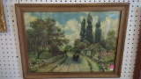 GOLD TONE WALL HANGING FRAMED PASTORAL PRINT OF THE 1930'S REPLICA, MEASURES APPROXIMATELY 22 IN X