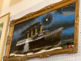 REVERSE PAINTING ON GLASS OF THE HMS BRITANNIA; MEASURES 44.25 x 22.5 in. MAY HAVE MOTHER OF PEARL