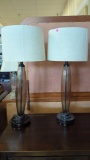 PAIR OF RUFFLED GLASS TABLE TOP LAMPS WITH FABRIC SHADES, MEASURES APPROXIMATELY 32 INCHES TALL, ONE