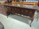 HICKORY CHAIR COMPANY TRADITIONAL 66 MAHOGANY THREE DRAWER BUFFET WITH QUEEN ANNE LEGS IN THE FRONT,