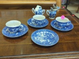 9 PC. BLUE & WHITE WILLOW TREE ORIENTAL CHINA TEA SET TO INCLUDE (3) TEA CUPS AND SAUCERS, A SINGLE