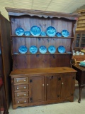 COUNTRY PINE KITCHEN HUTCH WITH FOUR DRAWERS, THREE CABINET DOORS THAT OPEN UP TO A SINGLE SHELF &