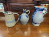 3 PC. POTTERY LOT TO INCLUDE A GREY 1-1/2 LITER COBALT BLUE DETAILED HANDLED PITCHER 9-1/2