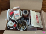 BOX LOT OF MISC. SPORTSMAN ITEMS TO INCLUDE BOBBERS, LEAD WEIGHTS, .357 MAGNUM ROUNDS, 30-30 ROUNDS,