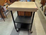 MODERN ROLLING BLACK METAL BLONDE WOOD TOP KITCHEN ISLAND CUTTING BOARD WITH TWO LOWER SHELVES & A