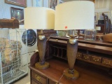 PAIR OF CONTEMPORARY MID CENTURY MODERN INFLUENCED TABLE LAMPS WITH DRUM STYLE SHADES. THEY MEASURE