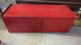 RED SQUARE METAL TOOL BOX EMPTY WITH A FRONT TWIST LOCKING HATCH, MEASURES APPROXIMATELY 30 IN X 13