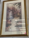 FRAMED PRINT DEPICTING FOG IN THE FOREST AND WATERFALL; SIGNED BY DIANE ANDERSON; MEASURES 24 x