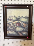 FRAMED PRINT DEPICTING A SCHOOL HOUSE ON LANDSCAPE; MEASURES 23 x 19.5 in