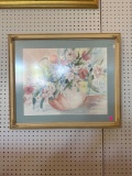 FRAMED PRINT OF FLOWERS IN BOWL, IS SIGNED BY LEILA DESIREE PLATT; MEASURES 26.5 x 22 in