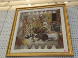 CONTEMPORARY FRAMED ABSTRACT STILL LIFE PAINTING ON BOARD. DISPLAYED IN A GOLD TONE FRAME WITH A