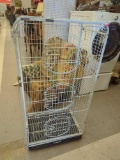 WHITE METAL BIRD CAGE WITH REMOVABLE WASTE TRAY & 3 SLIDING LOCK DOORS. IT MEASURES APPROX. 25-1/4